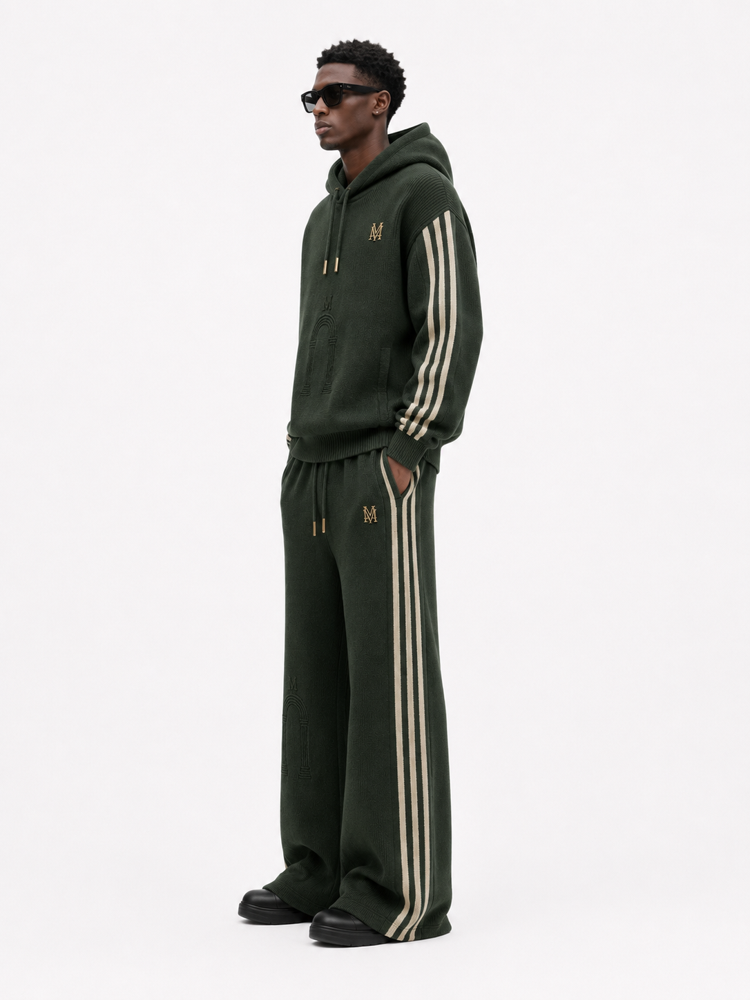 Palazzo Striped Cashmere Jogger Set — Verde Oliva — view 3